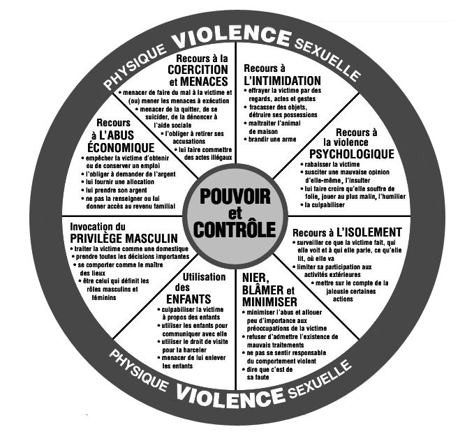 La roue du pouvoir et du contrôle : huit tactiques de contrôle autour de la violence physique et sexuelle
